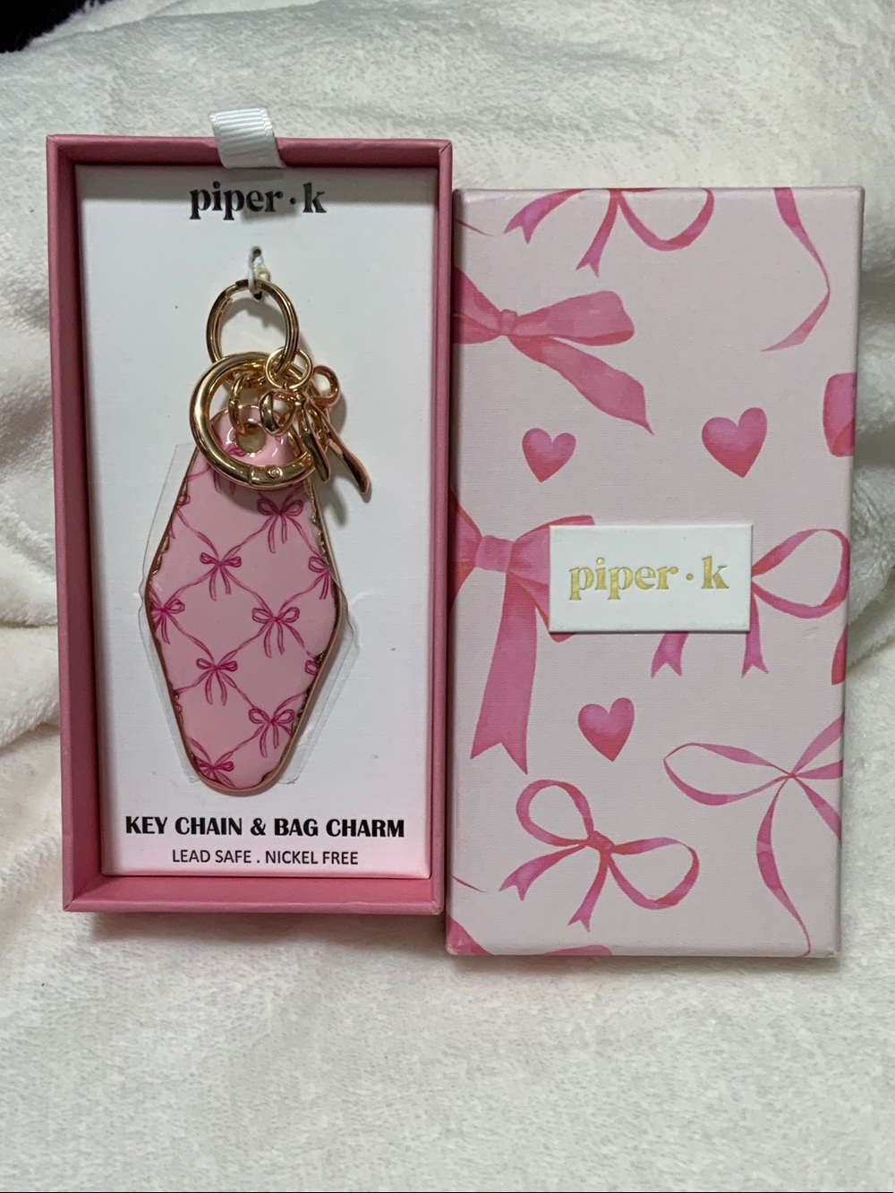 Piper Pink Bow-Print Key Chain & Bag Charm with Gold Hardware
